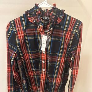 Jcrew Holiday Plaid tunic with rhinestone buttons